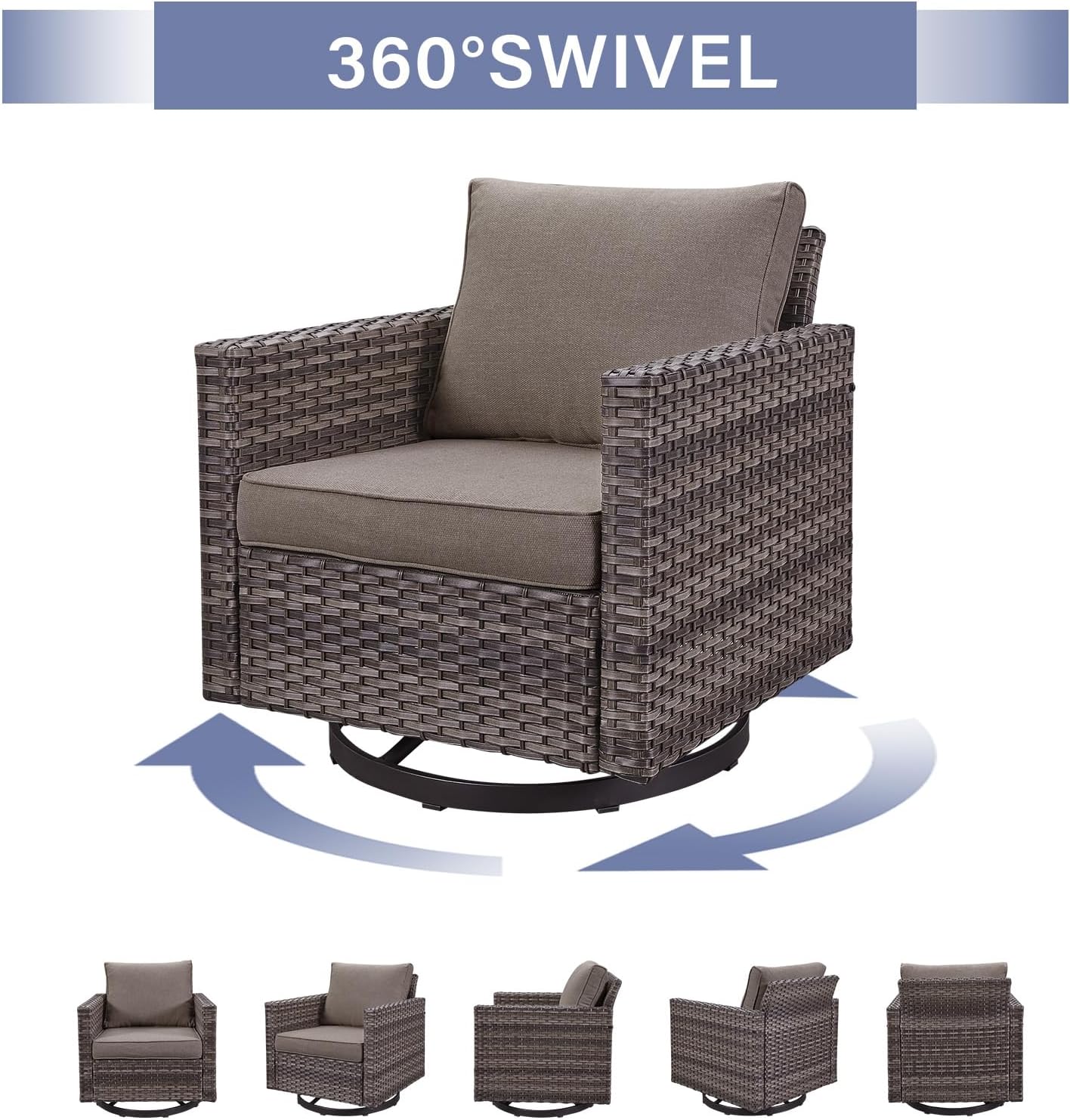 Rilyson Luxury Wicker Outdoor Patio Furniture Set of 5-5 Piece Patio Conversation Set with 2 Swivel Rocker Chairs,2 Rattan Ottoman and 1 Couch for Outside Porch Deck Backyard Garden(Mixed Grey/Beige)