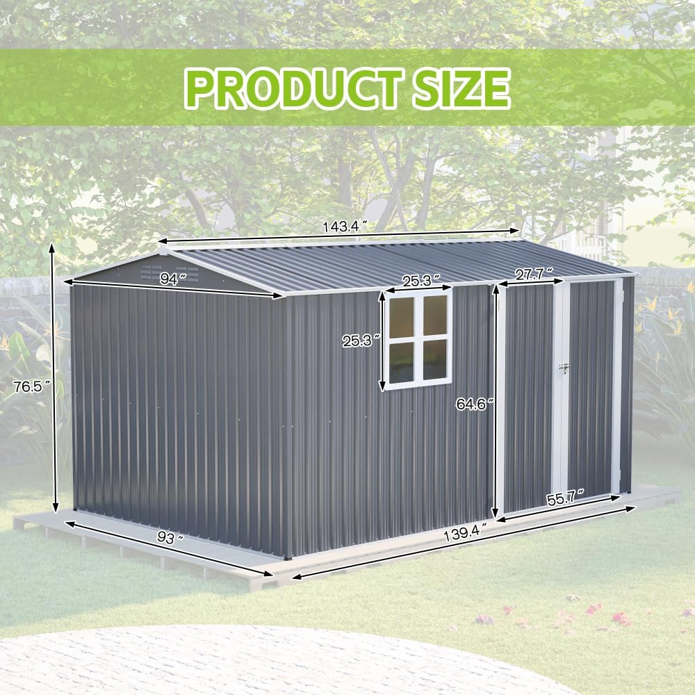 8x12 Ft Outdoor Storage Shed, XL Heavy-Duty Steel Building with Window, Hinged Gray Doors & 4 Air Vents, Reinforced for Backyard, Garden, Patio