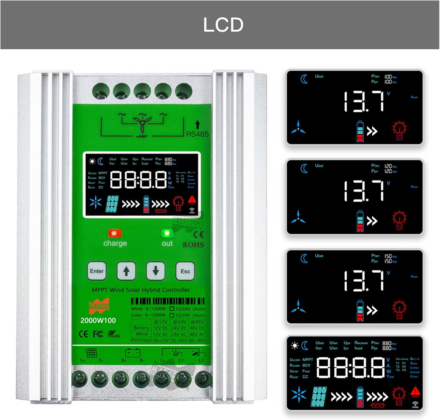 Marsrock 3000W MPPT Hybrid Wind Solar Controller Charge and Discharge Regulator Deluxe Version for Wind Max 1500W Solar 1500W for 12/24V Sealed and Lithium Battery Colorful LCD Display (12/24V)