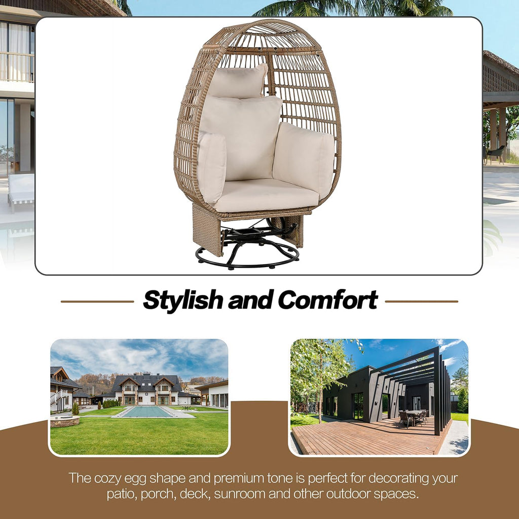 Outdoor Swivel Chair with Cushions, Rattan Egg Patio Chair with Rocking Function for Balcony, Poolside and Garden