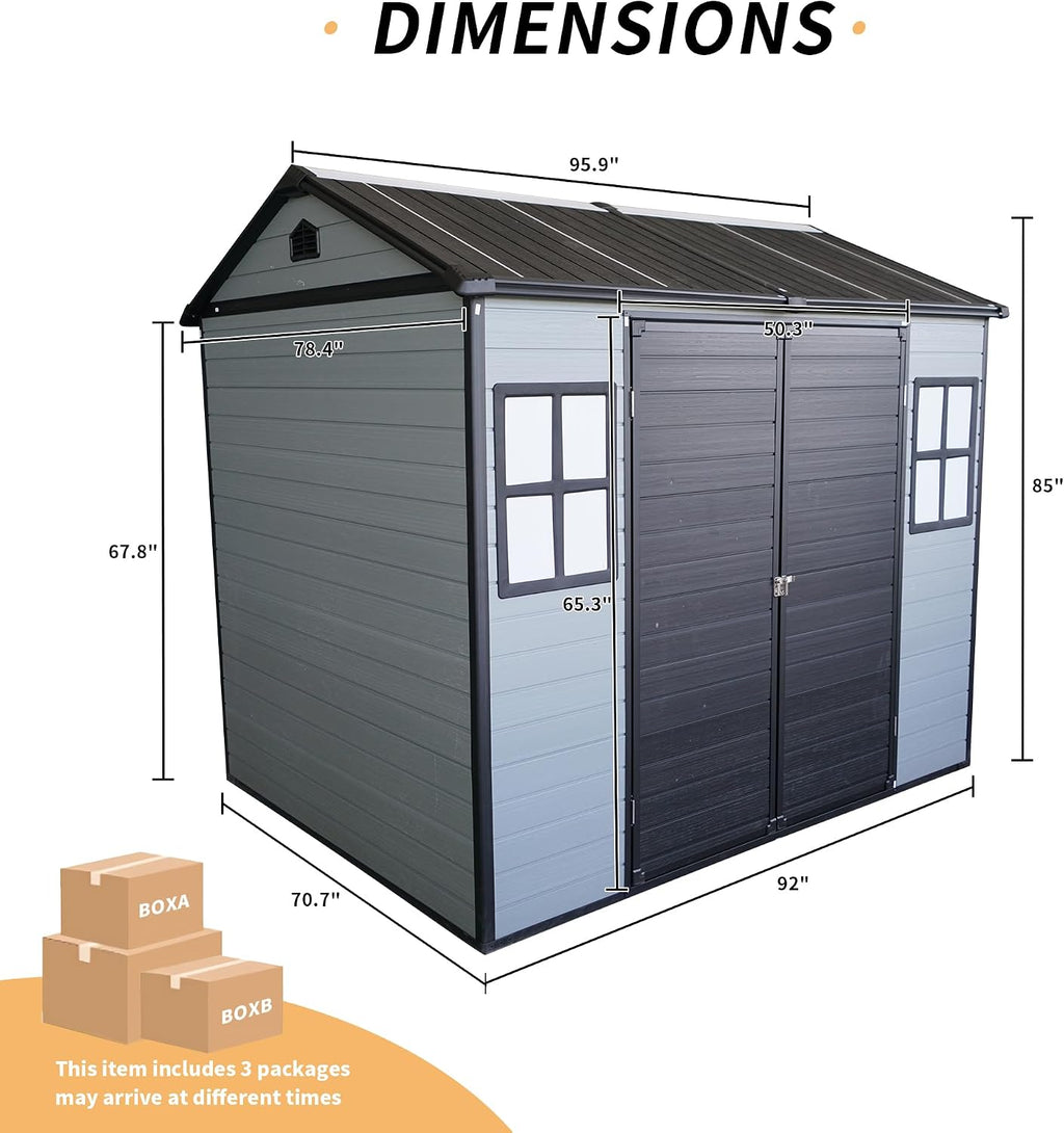 Outdoor Storage Shed, 8x6FT Plastic Storage Shed with 2 Windows and Lockable Door for Garden Tools, Bike, Lawnmower, Grey and Black