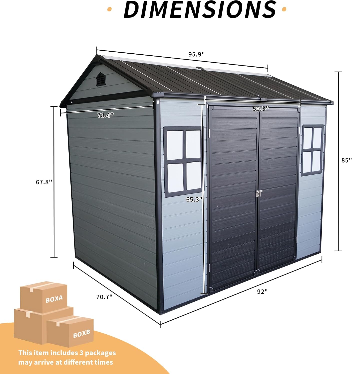 Outdoor Storage Shed, 8x6FT Plastic Storage Shed with 2 Windows and Lockable Door for Garden Tools, Bike, Lawnmower, Grey and Black