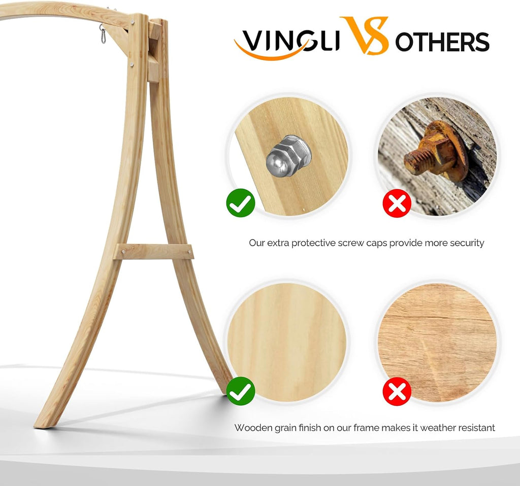 VINGLI 6.7FT Porch Swing Frame, 1000LBS Heavy Duty A-Frame Wooden Porch Swing Stand with Curved Arc Top for 5FT Porch Swing, Large Swing Hanger for Garden, Patio, Backyard & Indoor, Natural