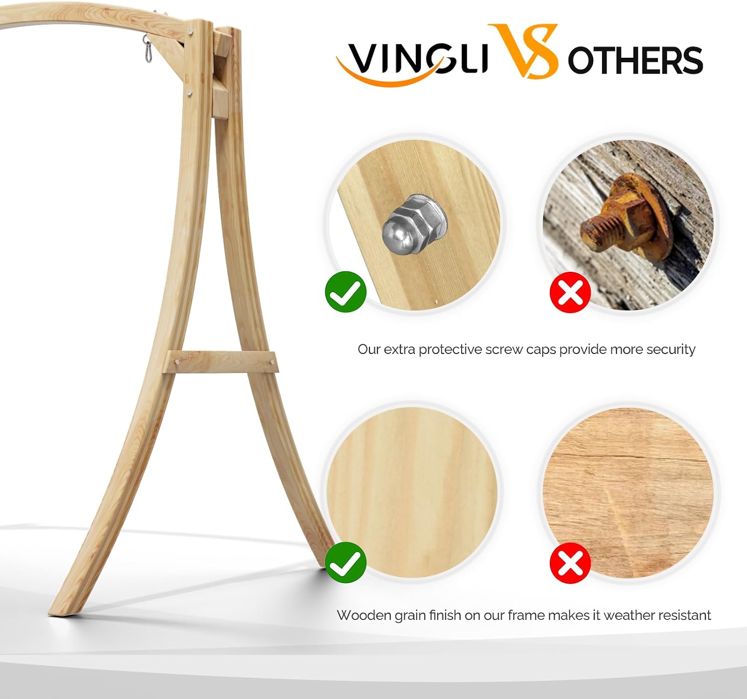VINGLI 6.7FT Porch Swing Frame, 1000LBS Heavy Duty A-Frame Wooden Porch Swing Stand with Curved Arc Top for 5FT Porch Swing, Large Swing Hanger for Garden, Patio, Backyard & Indoor, Natural