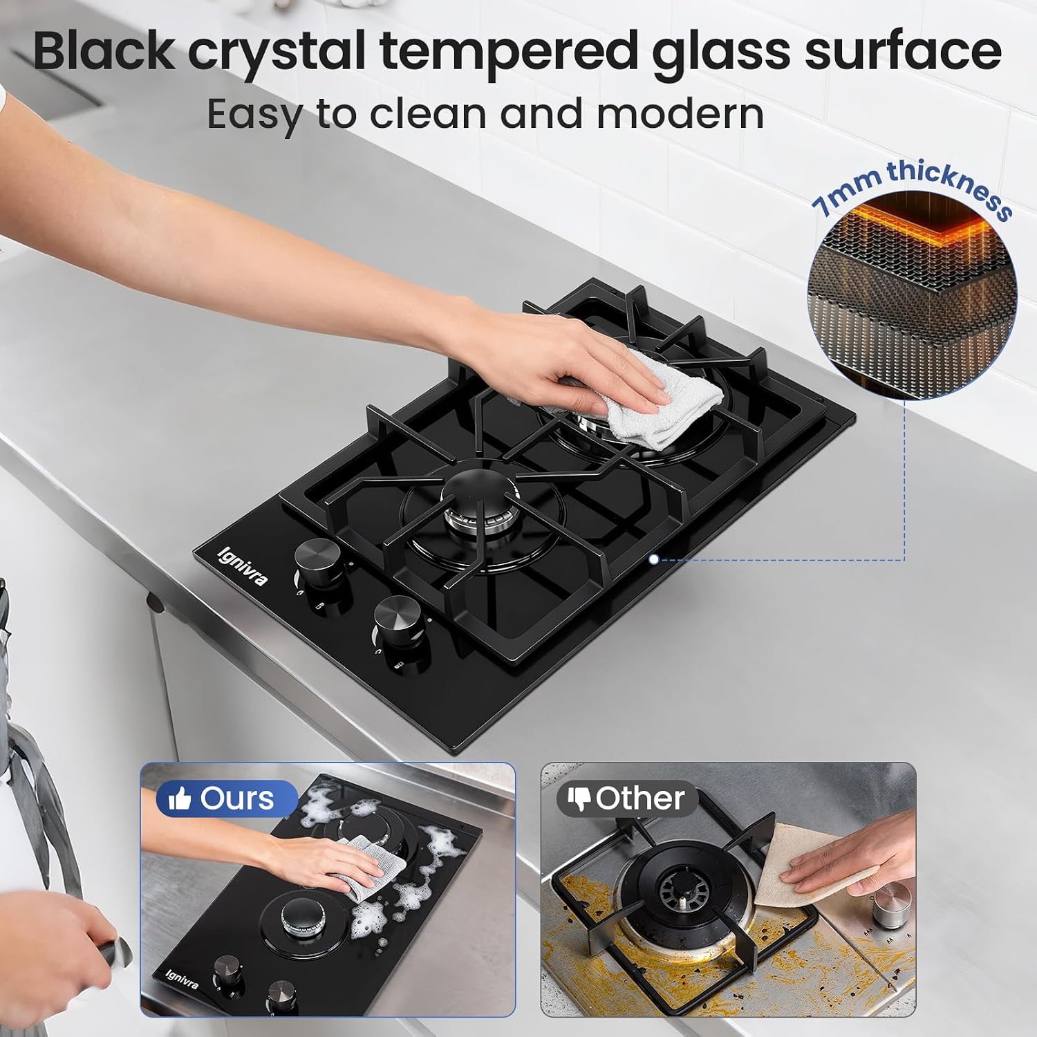 Gas Cooktop 2 Burner,12000W Built-in Gas Stove, Black Crystal Tempered Glass Propane Cooktop, 20.08x12.2' Top Propane Stove Indoor LPG/NG Dual Fuel Hob for Apartment Kitchen RV