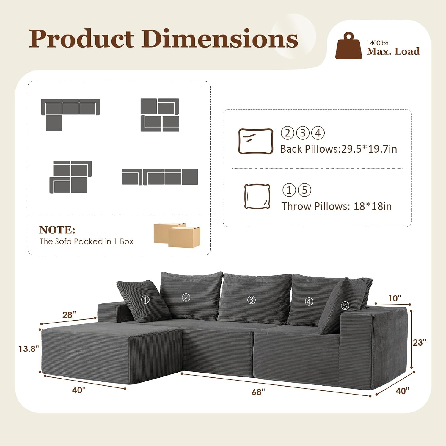 INGEROOM 108' Cloud Sectional Couch with L-Shape Chaise, Modular Sofa Memory Foam, Boneless Sofa with Movable Ottoman, Upholstered Couches for Living Room Bedroom, No Assembly Required, Dark Gray