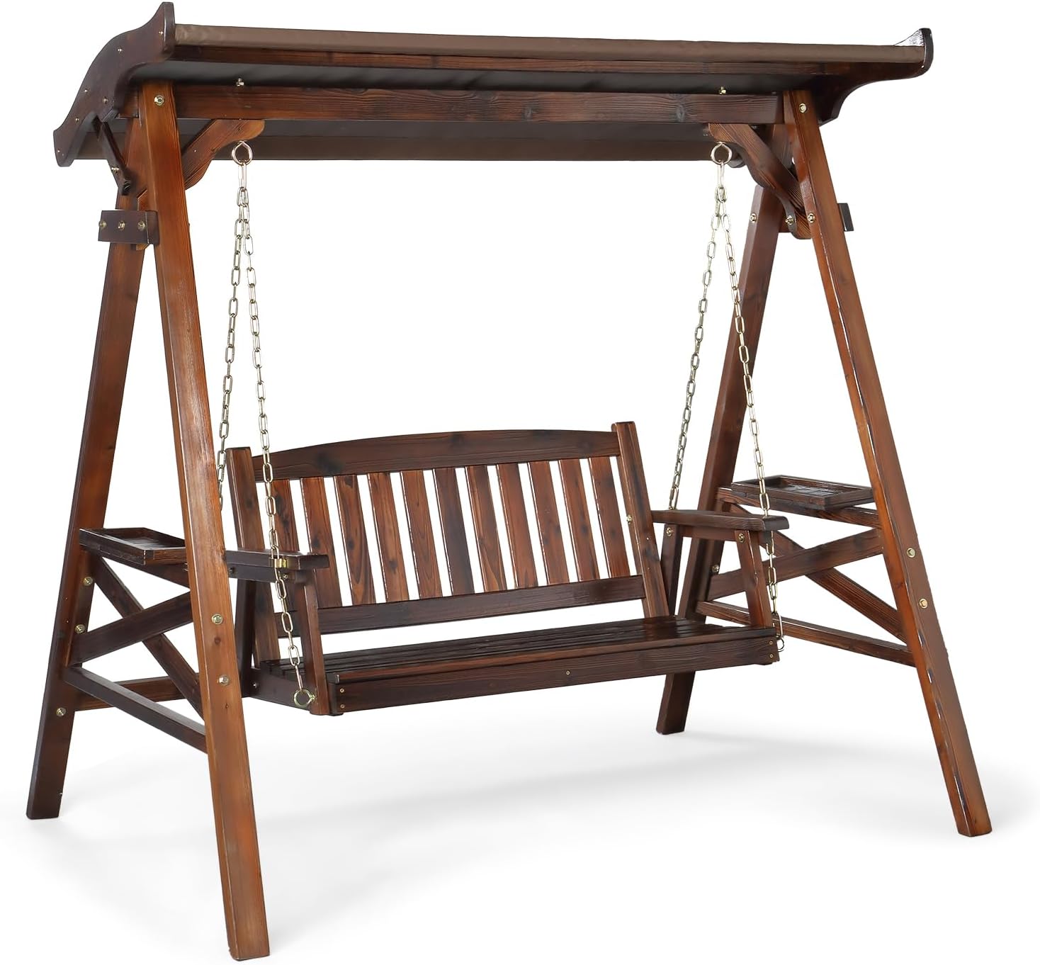 VINGLI Porch Swing with Stand, Porch Swing with Canopy, Waterproof Patio Swing with Cup Holder, Outdoor Swing Set for Garden, Yard, Patio, Rustic