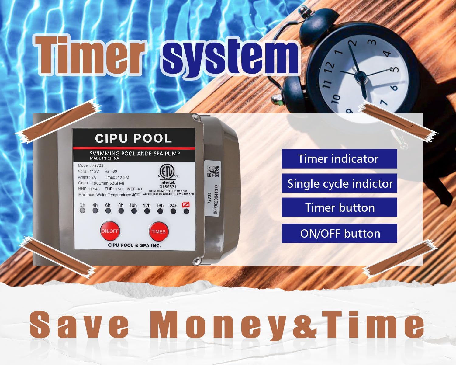 CIPU 14 inch Sand Filter Pump System Handy 6-Way Valve for Above Ground Pools with 0.5HP Prefilter Pool Pump with Timer 115V 25FT Inline GFCI Power Cord for Easy Installation
