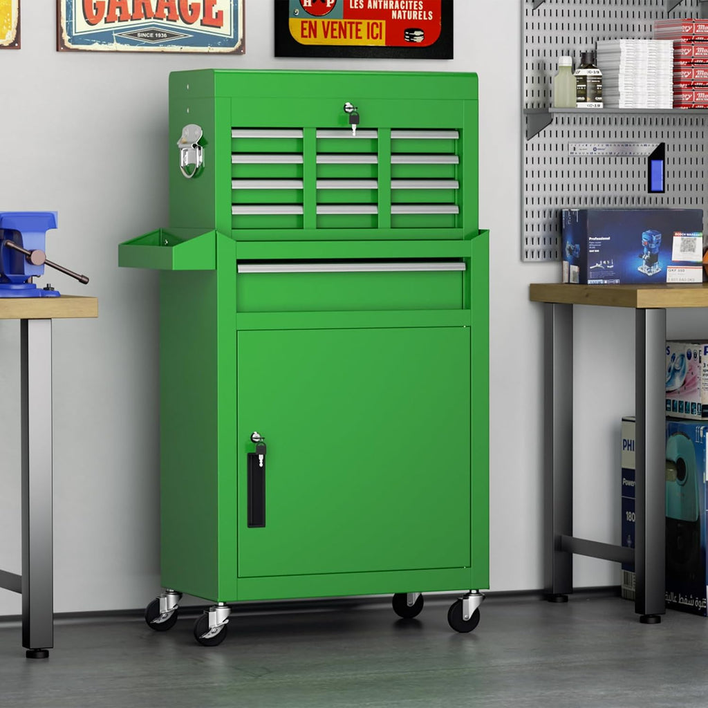 Crownland 5-Drawer Rolling Tool Chest with Wheels, Lockable 2 in 1 Detachable Tool Cabinet wit Drawers and Black Liners, Garage Top Toolbox & Bottom Storage Cart with Side Hooks(Green)