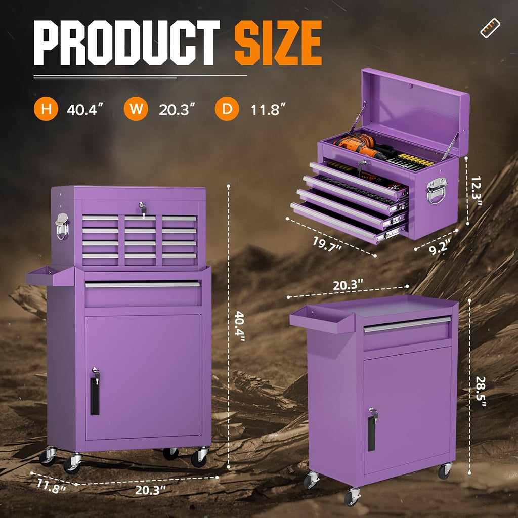 Oakcloud Heavy-Duty 5-Drawer Rolling Tool Chest & Cabinet Combo with Black Liner – Lockable Steel Garage Tool Box on Wheels – Detachable Top Toolbox & Bottom Storage Cart with Side Hooks, Purple
