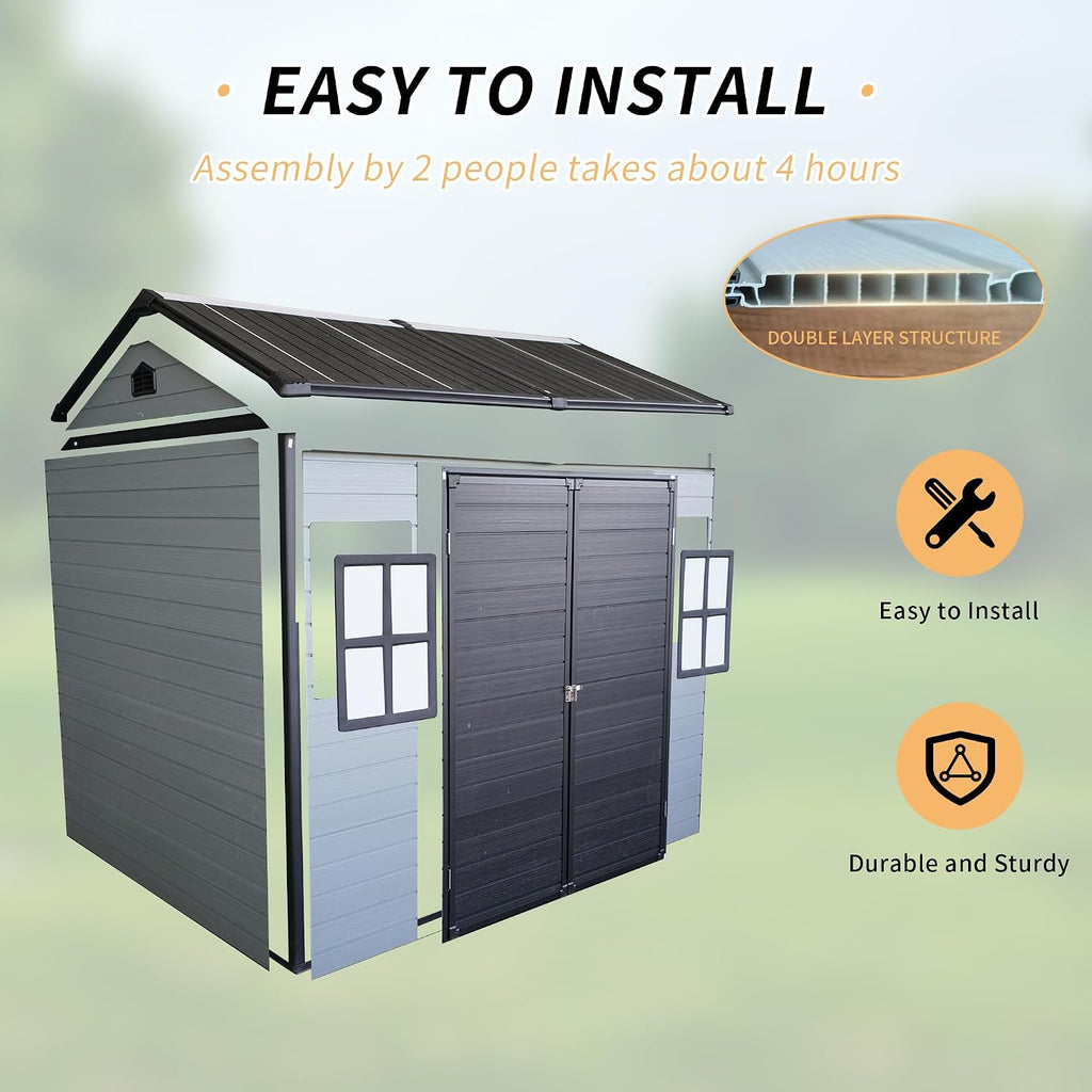 Outdoor Storage Shed, 8x6FT Plastic Storage Shed with 2 Windows and Lockable Door for Garden Tools, Bike, Lawnmower, Grey and Black