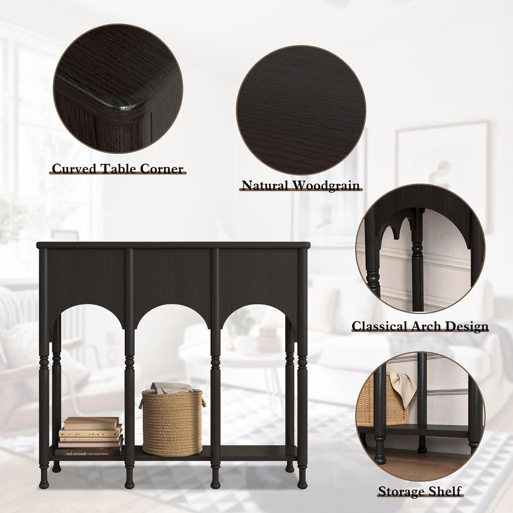 40' Console Table with Storage Shelf, Retro Entryway Table, Wooden Sofa Table with Roman-Style Legs for Living Room, Hallway, Black
