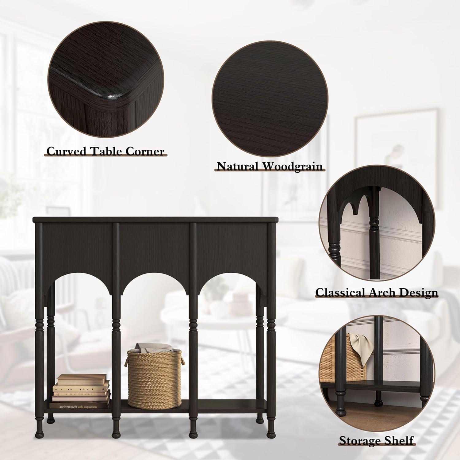 40' Console Table with Storage Shelf, Retro Entryway Table, Wooden Sofa Table with Roman-Style Legs for Living Room, Hallway, Black