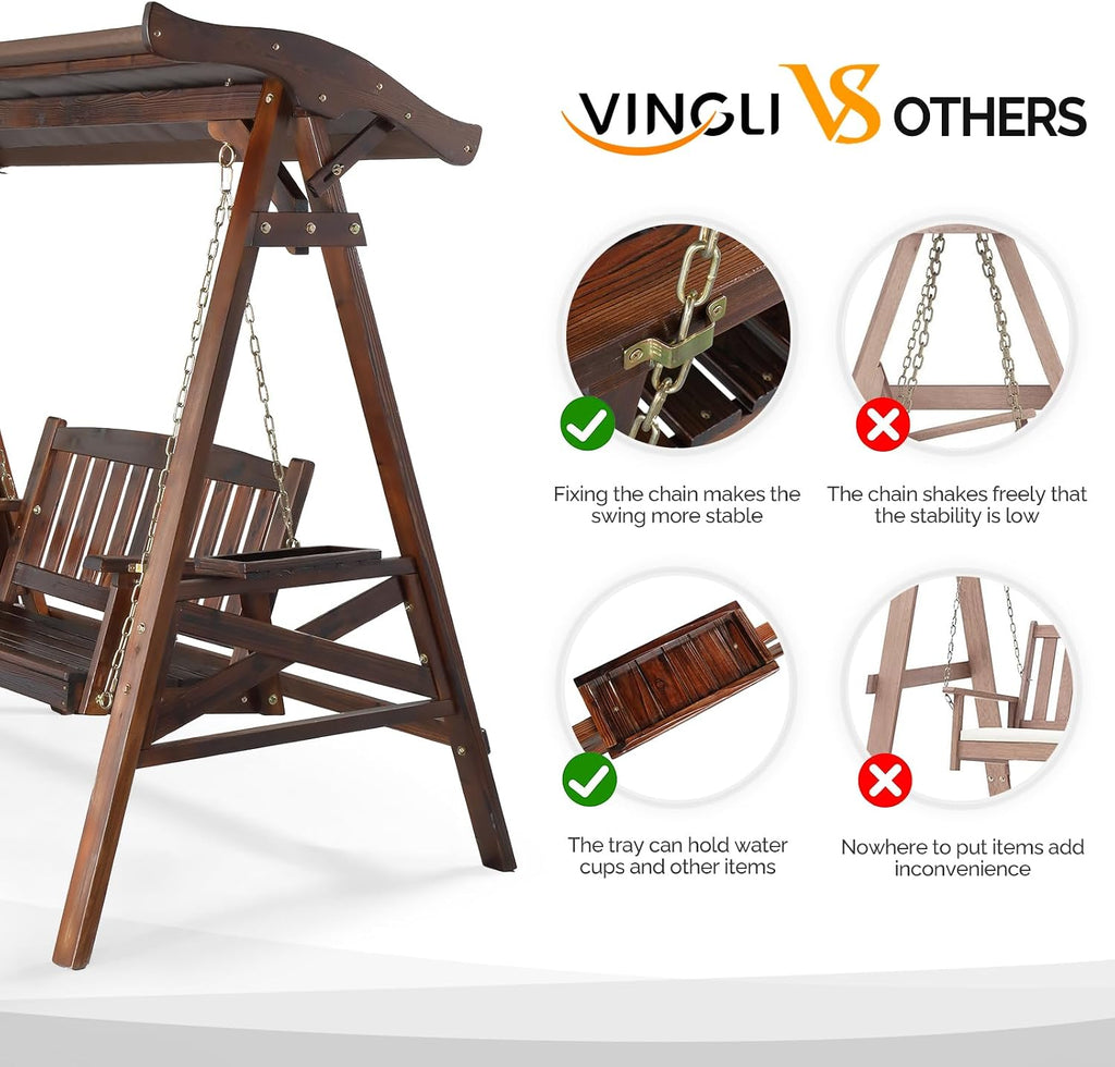 VINGLI Porch Swing with Stand, Porch Swing with Canopy, Waterproof Patio Swing with Cup Holder, Outdoor Swing Set for Garden, Yard, Patio, Rustic