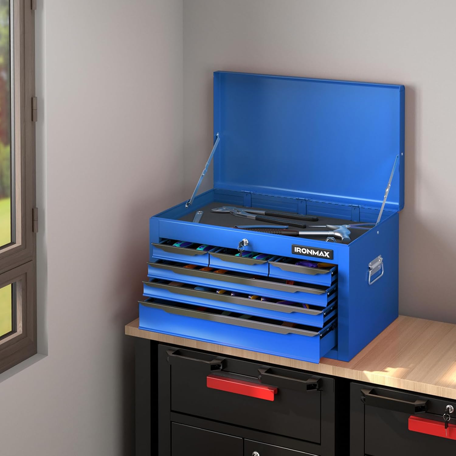 Goplus Tool Box, 24' Steel Tool Chest w/6 Drawers, Top Tool Tray,Automatic Lock, Protective Liners, Handle, Smooth Ball Bearing Sides, Portable Tool Storage Organizer, Toolbox for Garage Workshop