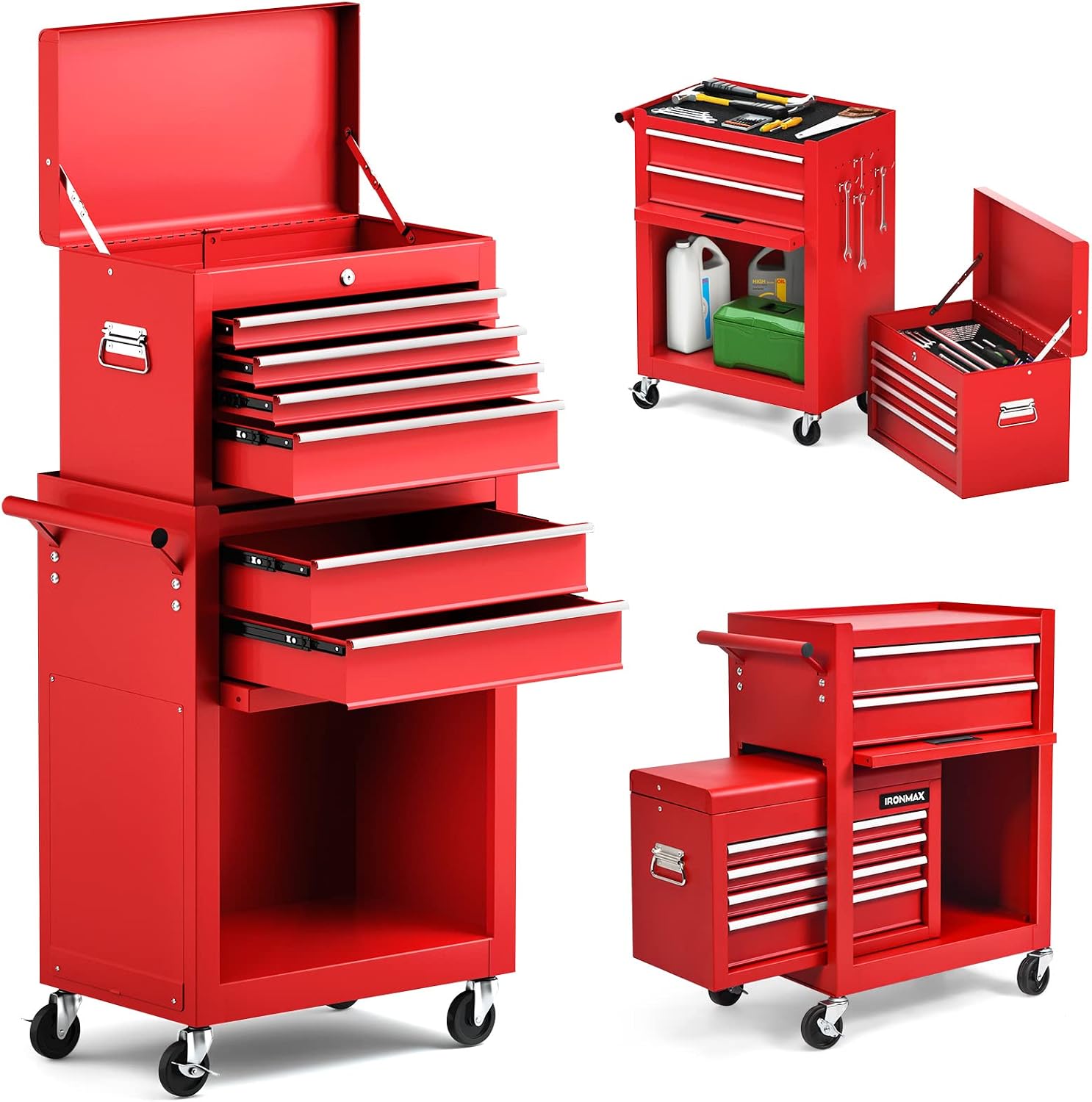 ERGOMASTER Rolling Tool Chest Cabinet Big Tool Storage Cabinet on Wheels and Lock System, Toolbox Organizer with Sliding Liner - 6-Drawers & Red