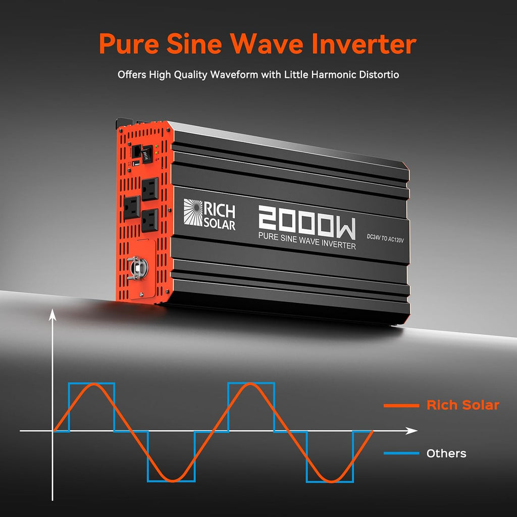RICH SOLAR 2000 Watt 24 Volt Industrial Pure Sine Wave Inverter 24V DC to 120V AC Converter for RV Trailer Marine Off Grid Home