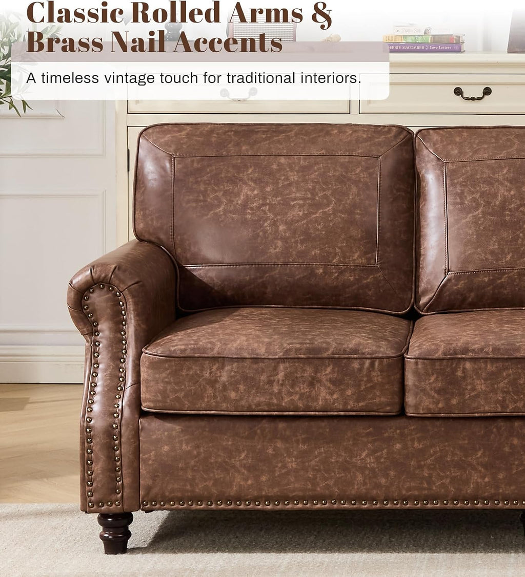 Kingfun Mid-Century Modern Couch, Faux Leather Sofa, 3 Seater Couch for Living Room with Rolled arms & Nailhead Trim, Dark Brown