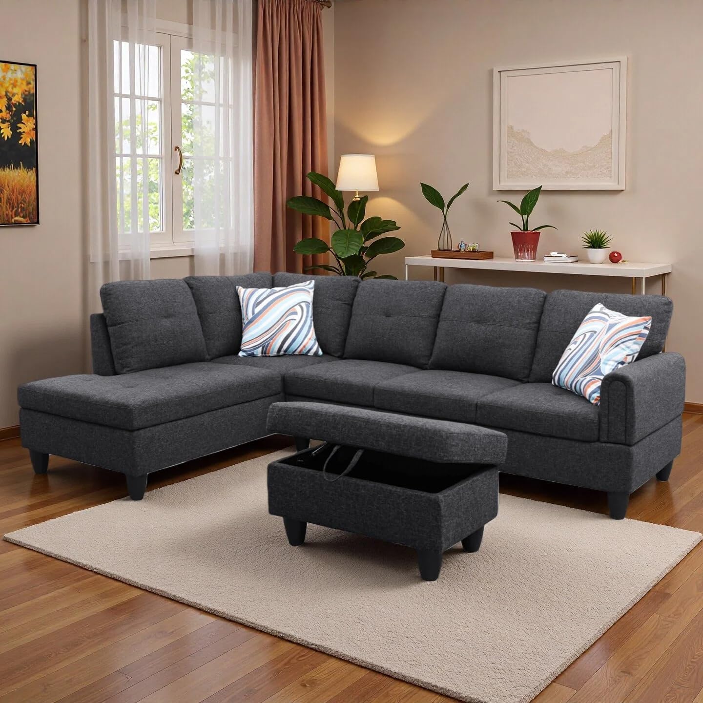 L-Shaped Sectional Sofa with Movable Chaise & Storage Ottoman, Lounge 3-Piece Modular Convertible Couches for Living Room, Apartment & Office, Blackish Gray
