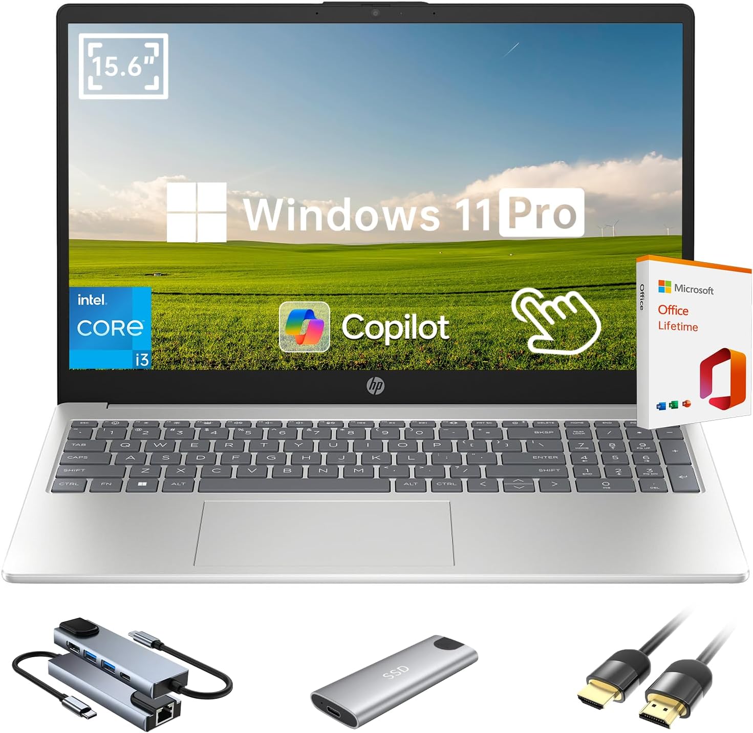 HP 2025 New 15.6' HD Touchscreen Laptop, Intel i3-1315U, 16GB RAM, 2TB SSD + 256GB Portable SSD, AI Copilot, Office Lifetime, Bundle with Docking Station & HDMI, for Business & Student
