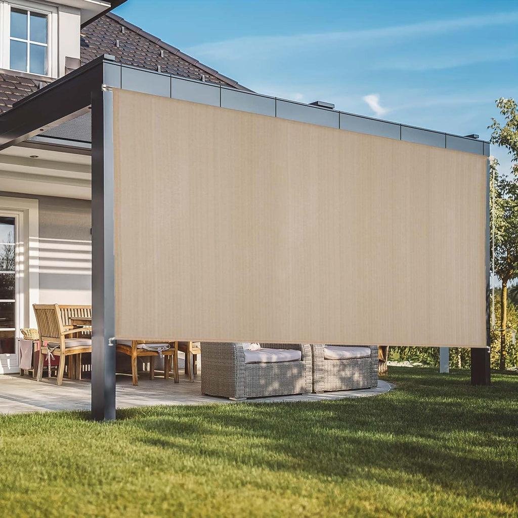 8' W x 8' H Outdoor Roller Shade with Crank Handle, Cordless Patio Sun Shade for Porch, Gazebo, Pergola, Beige UV Blocking Exterior Blinds
