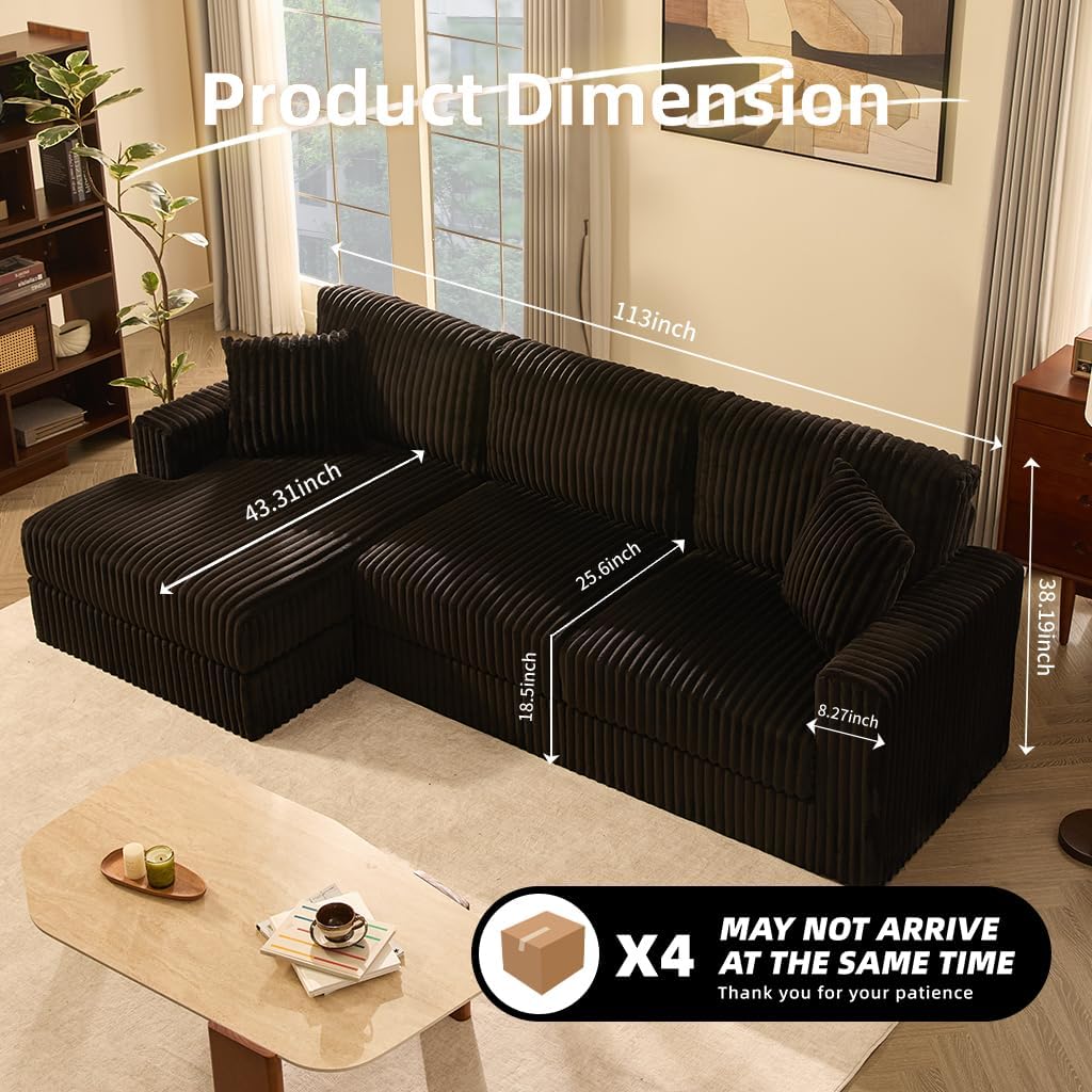 Cloud Couch 113' L-Shaped Couch (Not Boneless), 3-Seater Modular Sectional Couch, Queen Sofa with Corduroy Upholstery, Deep Seats, High Backrest & Pocket Spring Cushions, Left Facing Chaise, Black