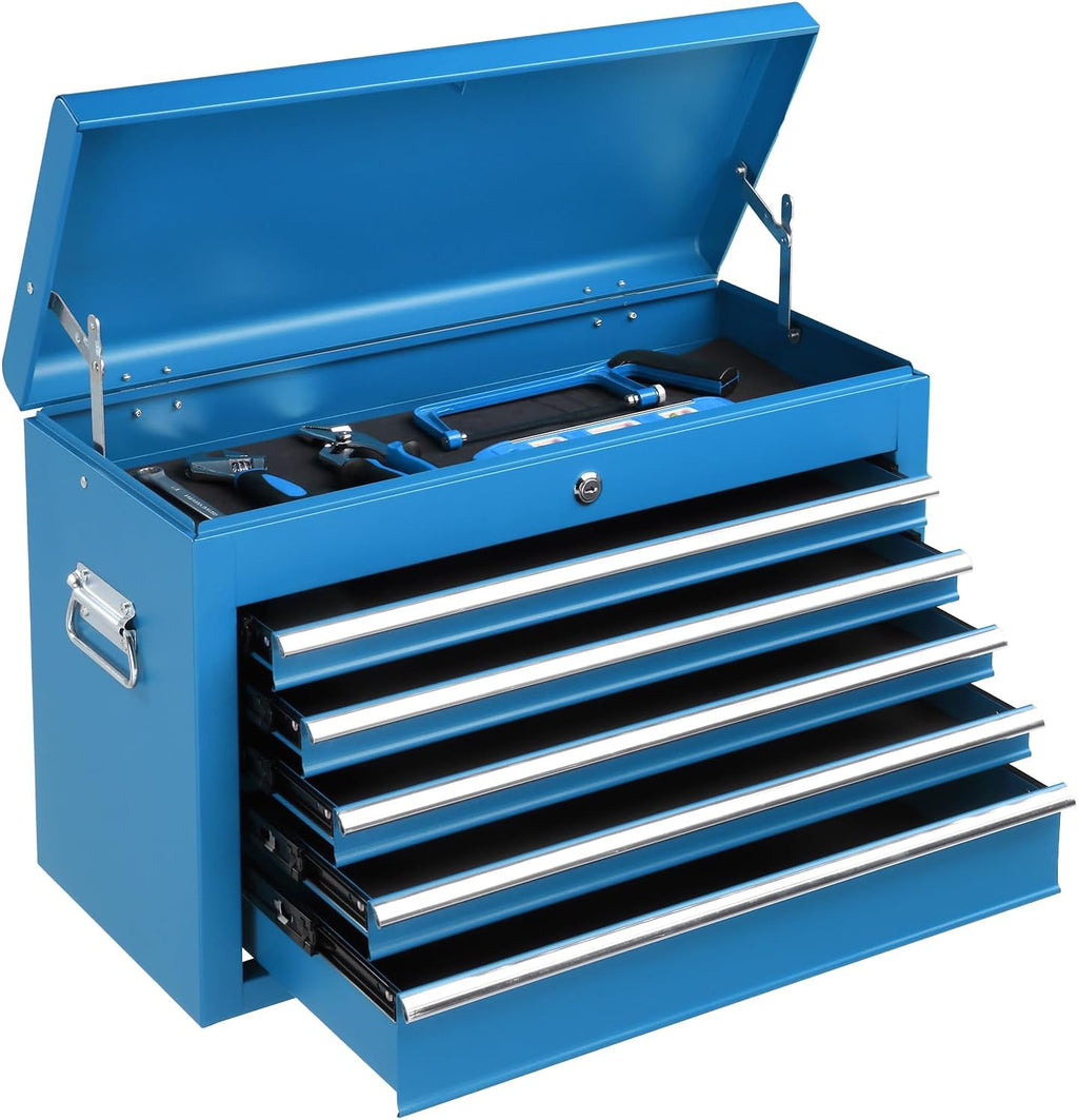 Winado 24' Portable Tool Box, 5 Drawer Tool Chest with Carry Handle, Top Case, Ball Bearing Runners, Lockable Metal Hand Toolbox for Garage, Warehouse, Repair Shop & Home, Blue
