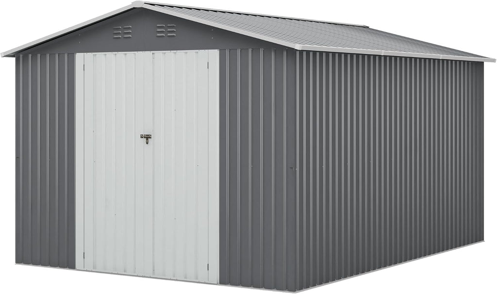 JAXPETY 10x12 FT Outdoor Storage Shed, Garden Shed with Lockable Doors, Tool Sheds for Backyard Garden Patio Lawn, Grey