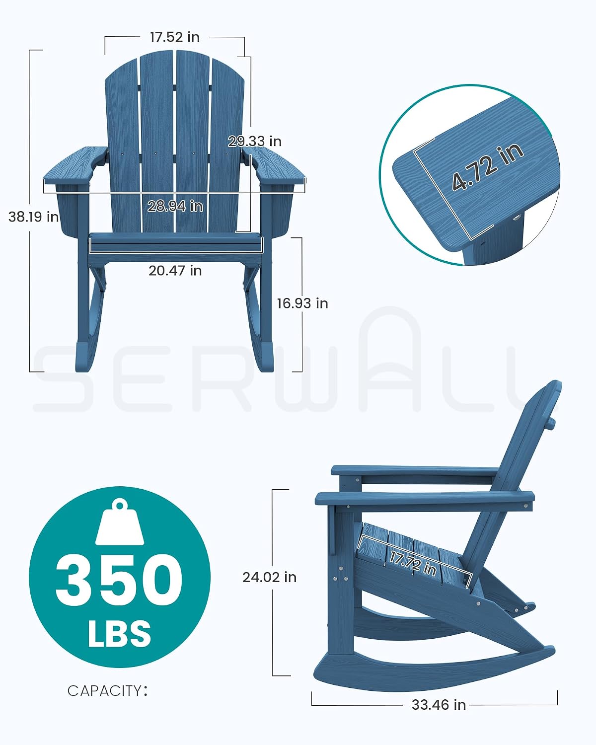 SERWALL Outdoor Adirondack Rocking Chairs Set of 2, All-Weather HDPE Adirondack Rocker Chair, Front Porch Rocker Chairs for Patio Lawn Porch Deck, Navy