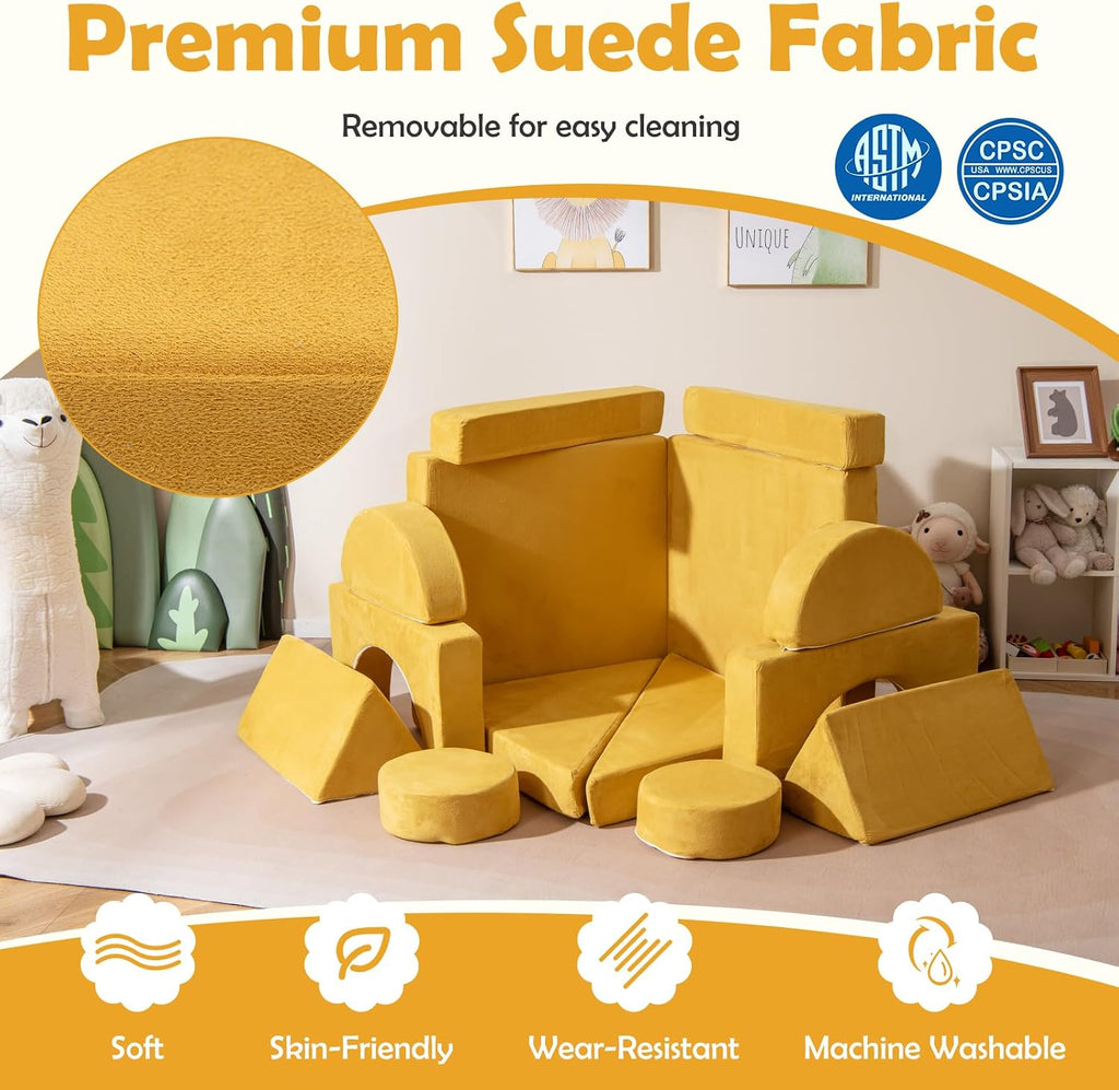 Costzon 14 PCS Modular Kids Play Couch, Child Sectional Sofa, Versatile Toddler Soft Building Blocks Sofa Playset for Playroom Bedroom, Convertible Foam and Floor Cushion for Boys Girls Gifts (Yellow)