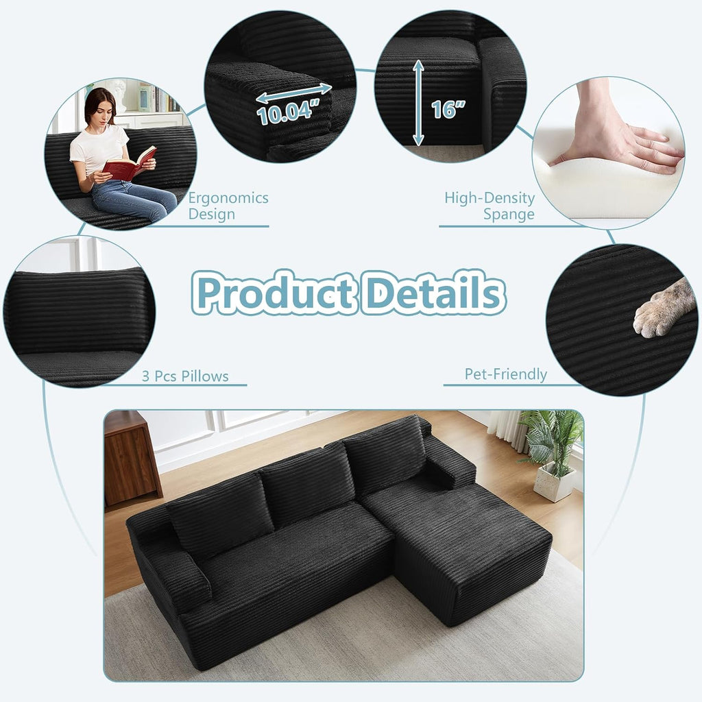 96' Cloud Sectional Couch with L-Shape Chaise, Modern Corduroy Boneless Couch for Living Room,Memory Foam Sofa with Deep Seat,No Assembly Required (Black,Right-Facing Chaise)