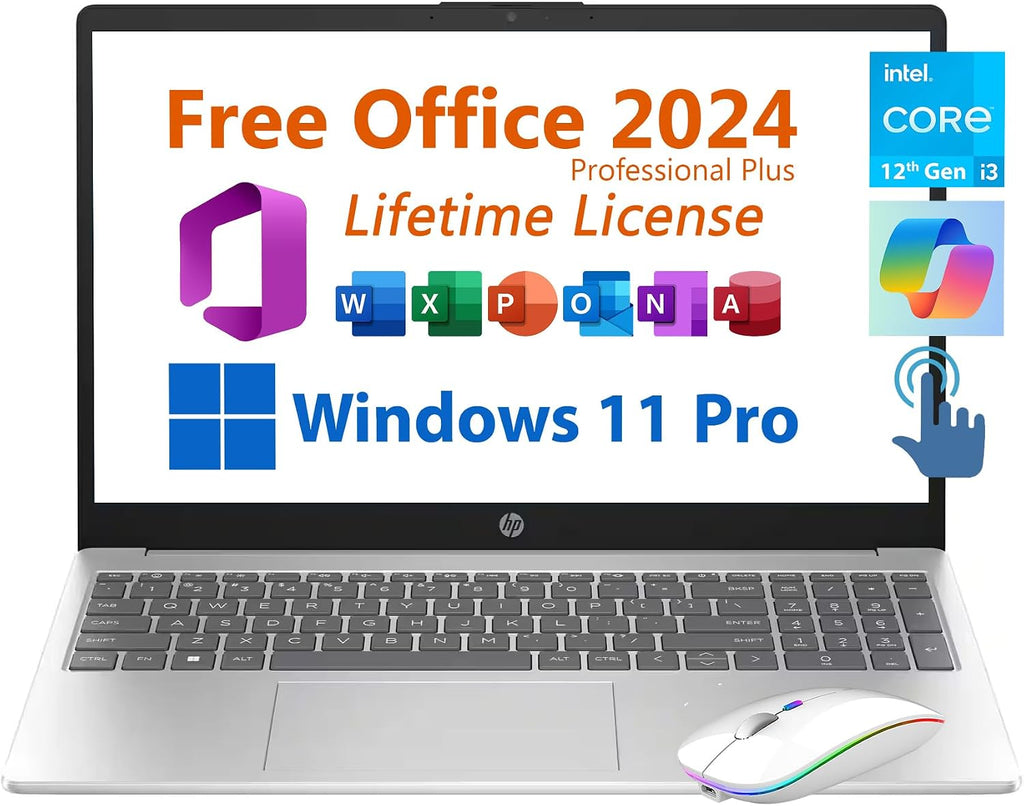 HP 15.6' Business Student Laptop, Free Microsoft Office 2024 Lifetime License, Copilot AI Chat, HD Touchscreen, Intel 6-Core i3-1215U 4.4 GHz, 16GB RAM, 512GB SSD, Long Battery Life, Windows 11 Pro