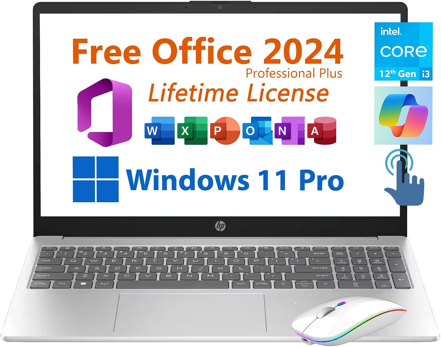 HP 15.6' Business Student Laptop, Free Microsoft Office 2024 Lifetime License, Copilot AI Chat, HD Touchscreen, Intel 6-Core i3-1215U 4.4 GHz, 16GB RAM, 512GB SSD, Long Battery Life, Windows 11 Pro