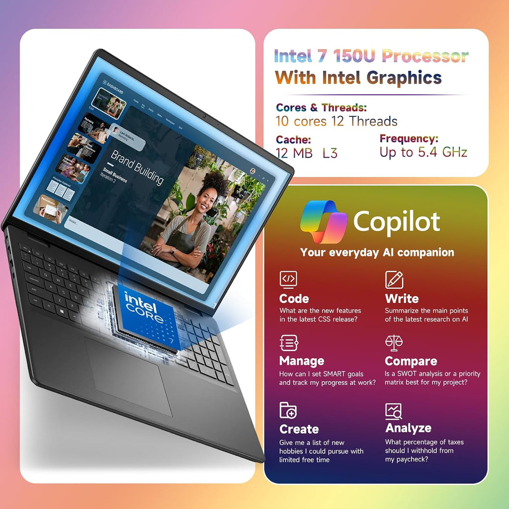 Dell 16' FHD+ Touchscreen Laptop Computer - Intel Core i7-150U Processor(10 Core, Up to 5.4Ghz), 300nits Display,Backlit Keyboard,Windows 11 Pro, Black((32GB DDR5 RAM, 1TB SSD)