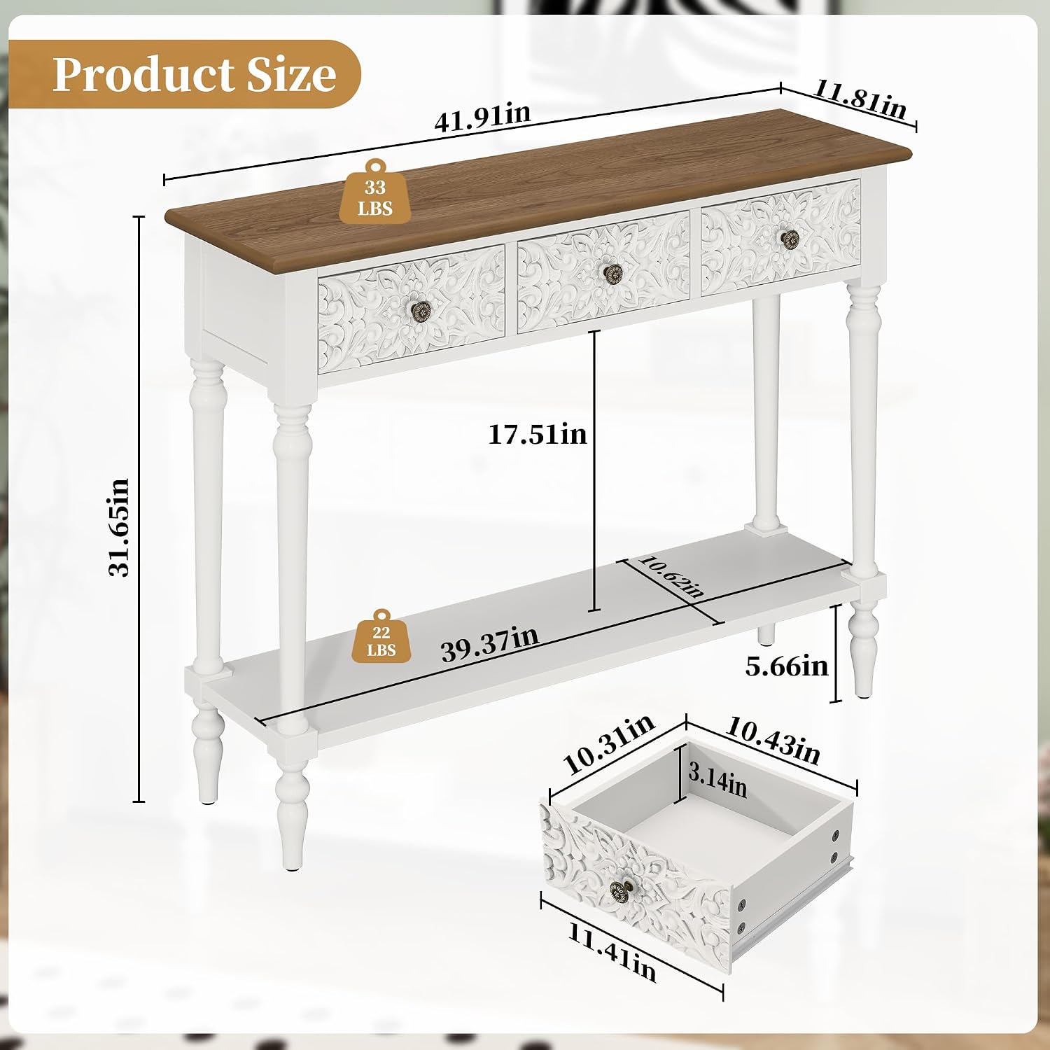 3More Entryway Console Table with 3 Drawers,42' Carved Hallway Table with Open Shelf,Long Sofa Table for Living Room, Hallway, Behind Couch,White