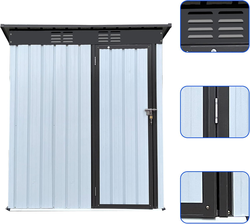 Ritsu 5Ft x 3Ft Outdoor Metal Garden Shed, Steel Garden Storage Shed with Single Lockable Door & Vents, Waterproof Anti-Corrosion Tool Storage Clearance for Backyard Patio Lawn, White+Black