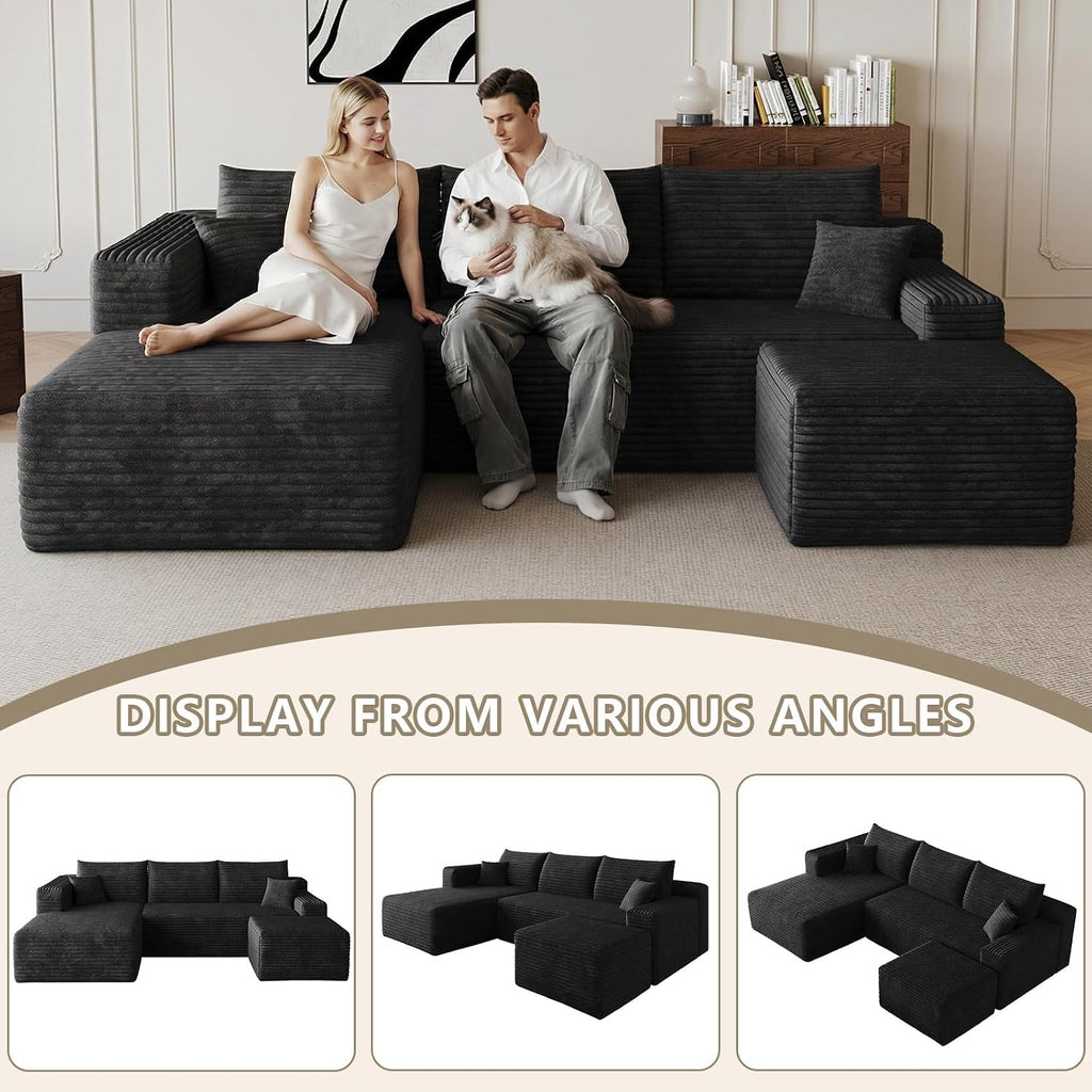 95' Cloud Sectional Couch with U-Shaped Chaise, Corduroy Sectional Sofa with Ottoman, Boneless Couch with Deep Seat for Living Room, No Assembly Required (Black, Left Facing Chaise)