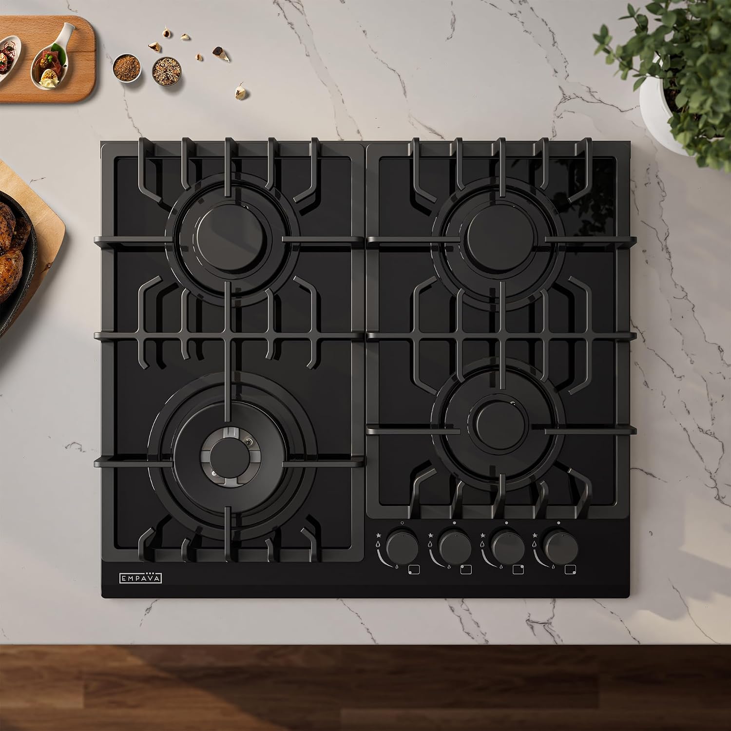Empava 24' Gas Stove Cooktop 4 Italy Sabaf Sealed Burners NG/LPG Convertible Tempered Glass in Black, 24 Inch