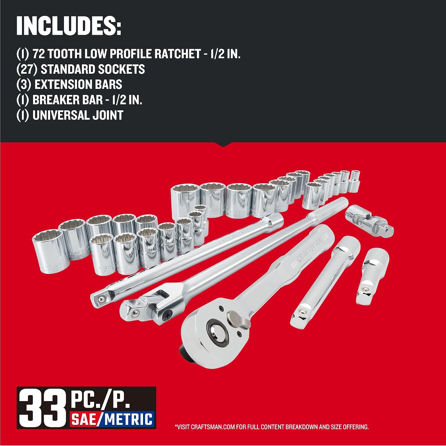 CRAFTSMAN Mechanics Tool Set, 33 Piece, 1/2 Inch Drive SAE/Metric (CMMT12122)