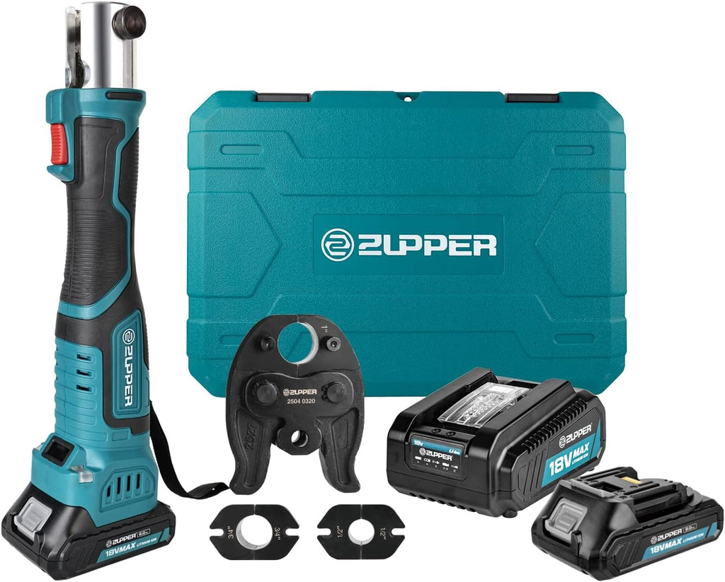 ZUPPER Mini Press Tool kit with 3 PEX Crimp Dies F1807 1/2', 3/4', 1', Brushless Motor, 2pcs Battery, Fast Charger & Carrying Case
