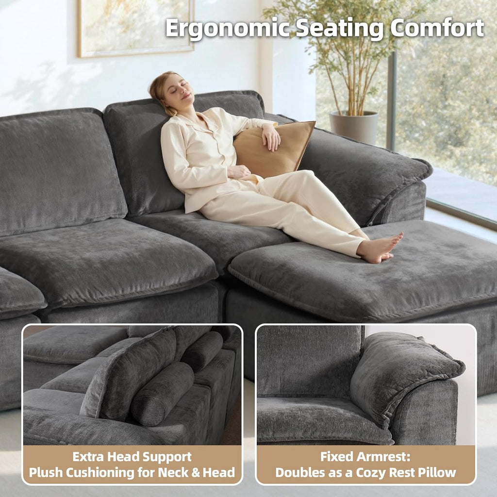 112' Cloud Couch Sectional with Padded Armrests & Moveable Ottoman Boneless Sectional Couches for Living Room Dark Grey Couch, No Assembly Required