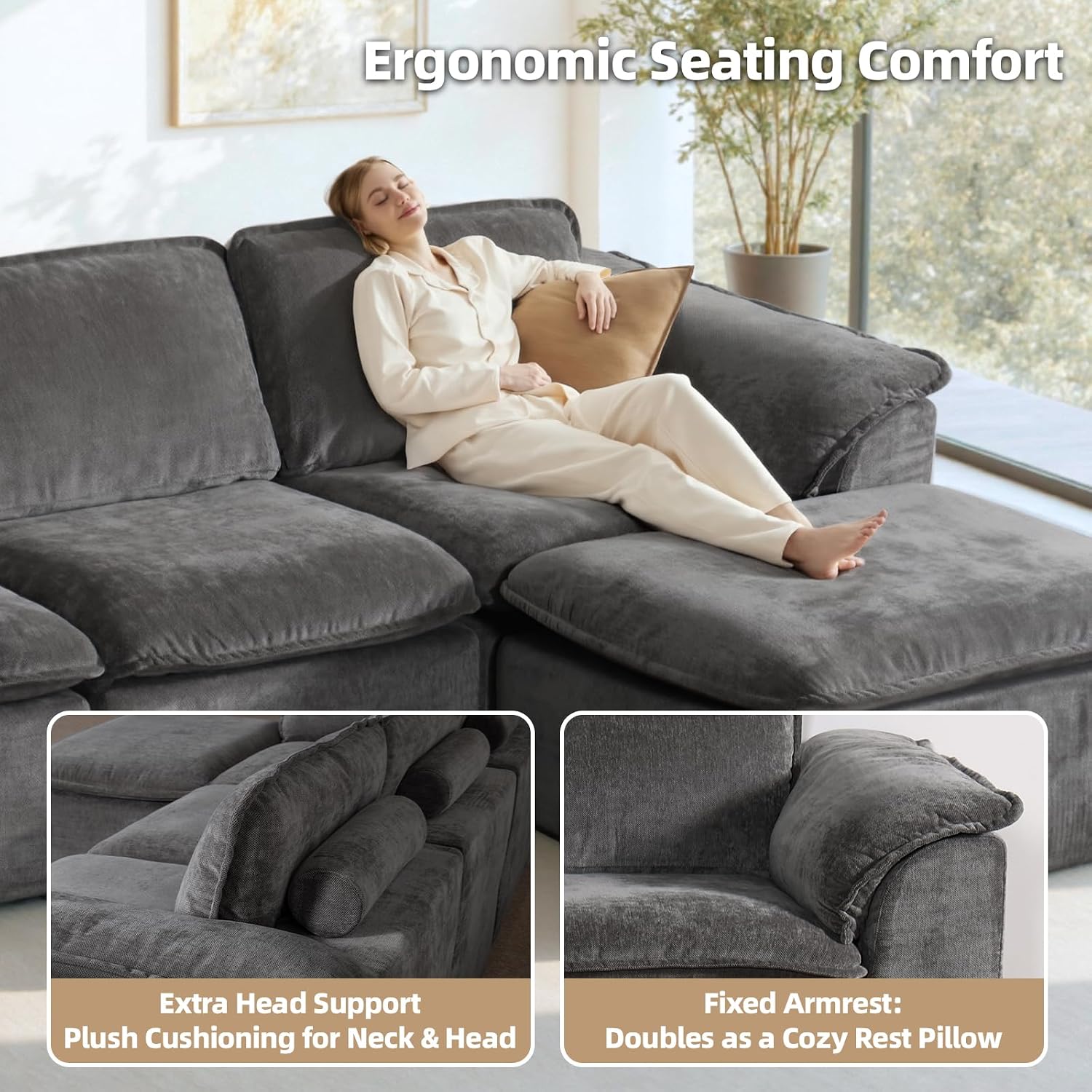 112' Cloud Couch Sectional with Padded Armrests & Moveable Ottoman Boneless Sectional Couches for Living Room Dark Grey Couch, No Assembly Required
