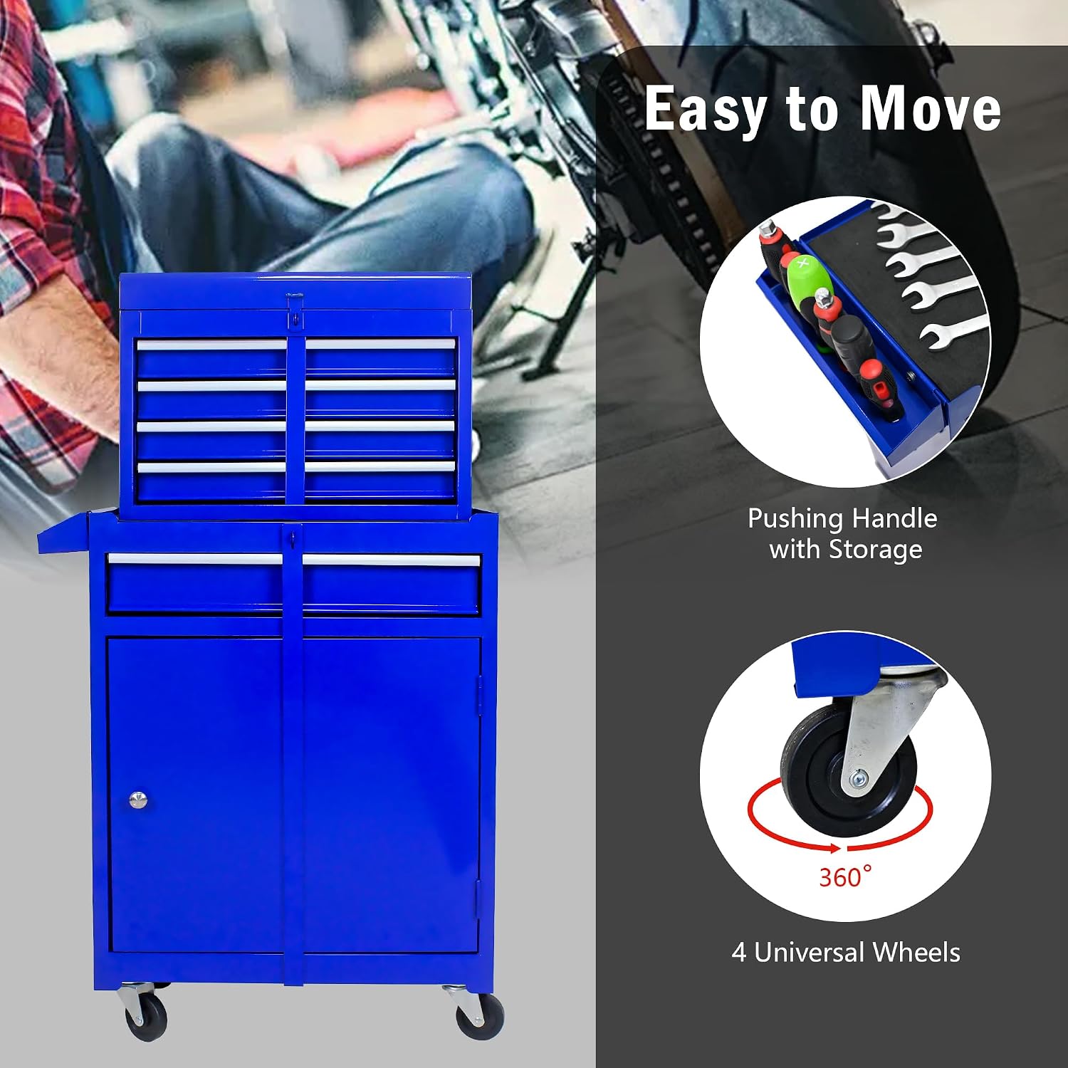 5-Drawer Tool Chest, Rolling Tool Box with Detachable Top Toolbox & Universal Wheels, Tool Cabinet with Lock Bar, Protective Liner & Tool Rack, Metal Storage Cart for Workshop,Garage (Blue)