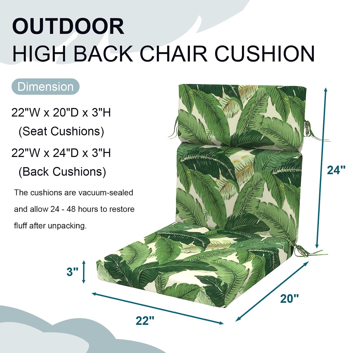 DYTXIII Outdoor High Back Chair Cushions Set of 2, 44'x22' Water Repellent Patio Seat Cushions with Elastic Sponge, All Weather Chair Pads for Rocking, Dining, Patio Furniture - Swaying Palms Green