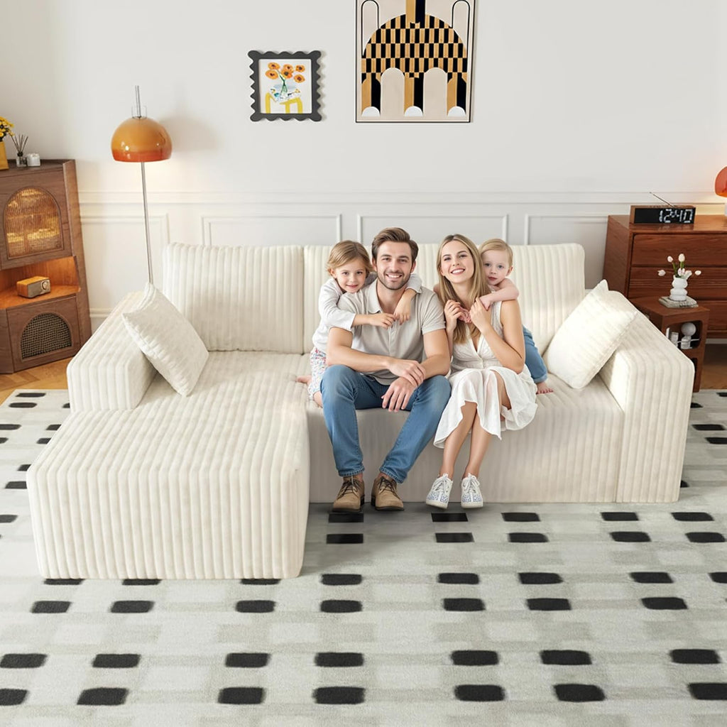 96' Modular Sectional Cloud Couch for Living Room Deep Seat L Shapes Boneless Couch with Oversized Chaise Lounge, Comfy Memory Foam Flannel Fabric Sofa for Bedroom Apartment, No Assembly Required