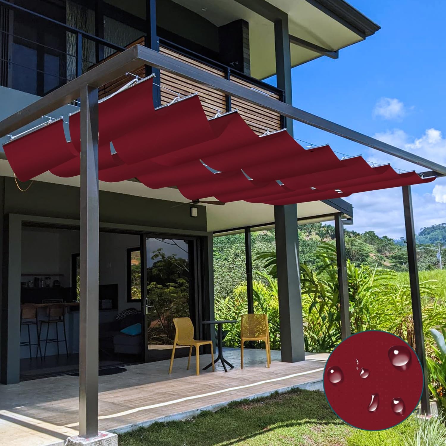 TANG 3' x 16' Waterproof Pergola Shade Cover Retractable Sun Shades Outdoor Patio Pergolas Canopy Replacement Pergola Kit, Wave Shade Sail with Hardware Wire Cable, Red