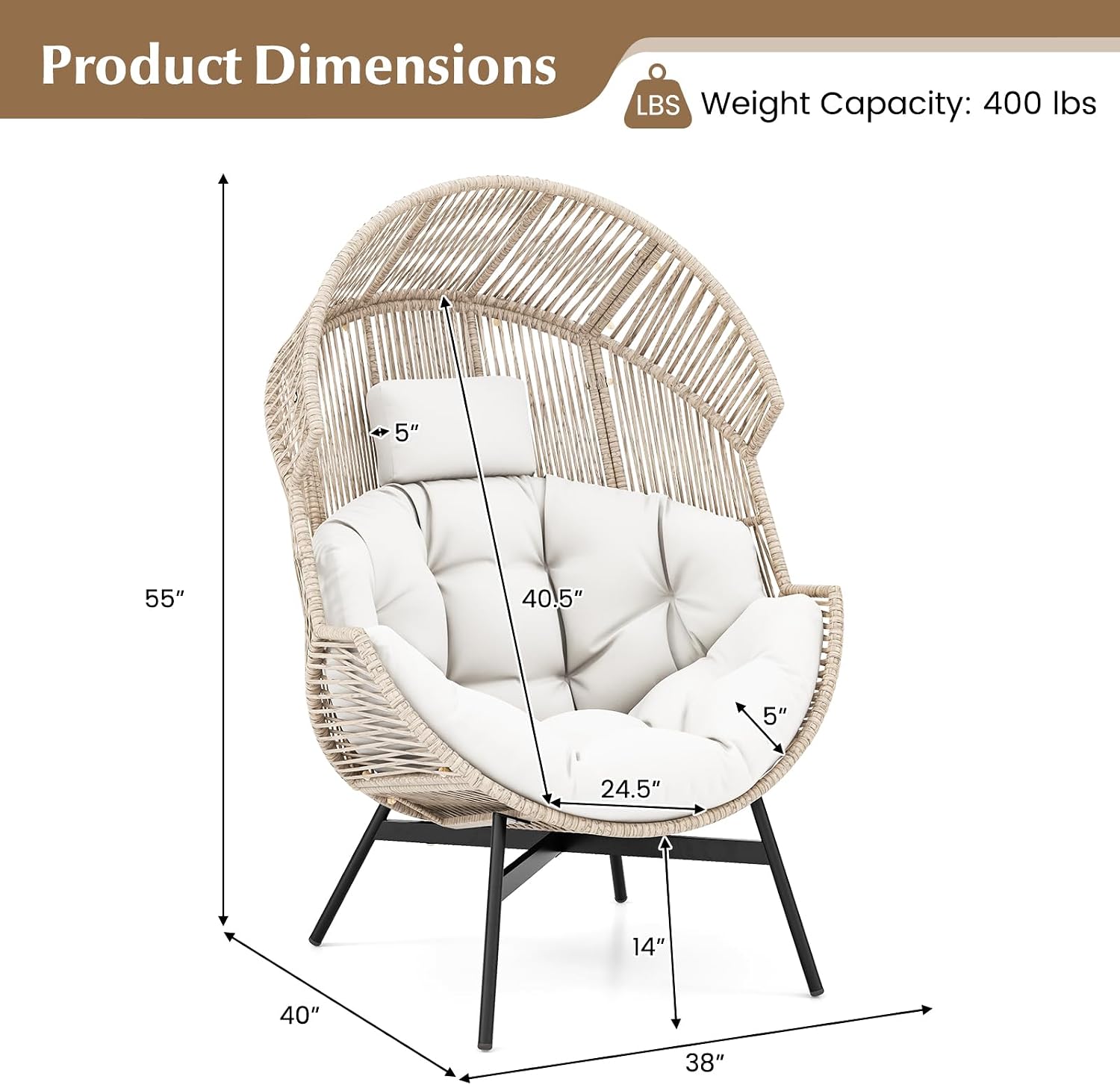 Tangkula Oversized Egg Style Chair, Wicker Stationary Patio Egg Chair w/Cushions & Headrest, Heavy-Duty Metal Frame, Patio Lounge Basket Sofa Chair for Yard, Porch, Living Room (Off White)