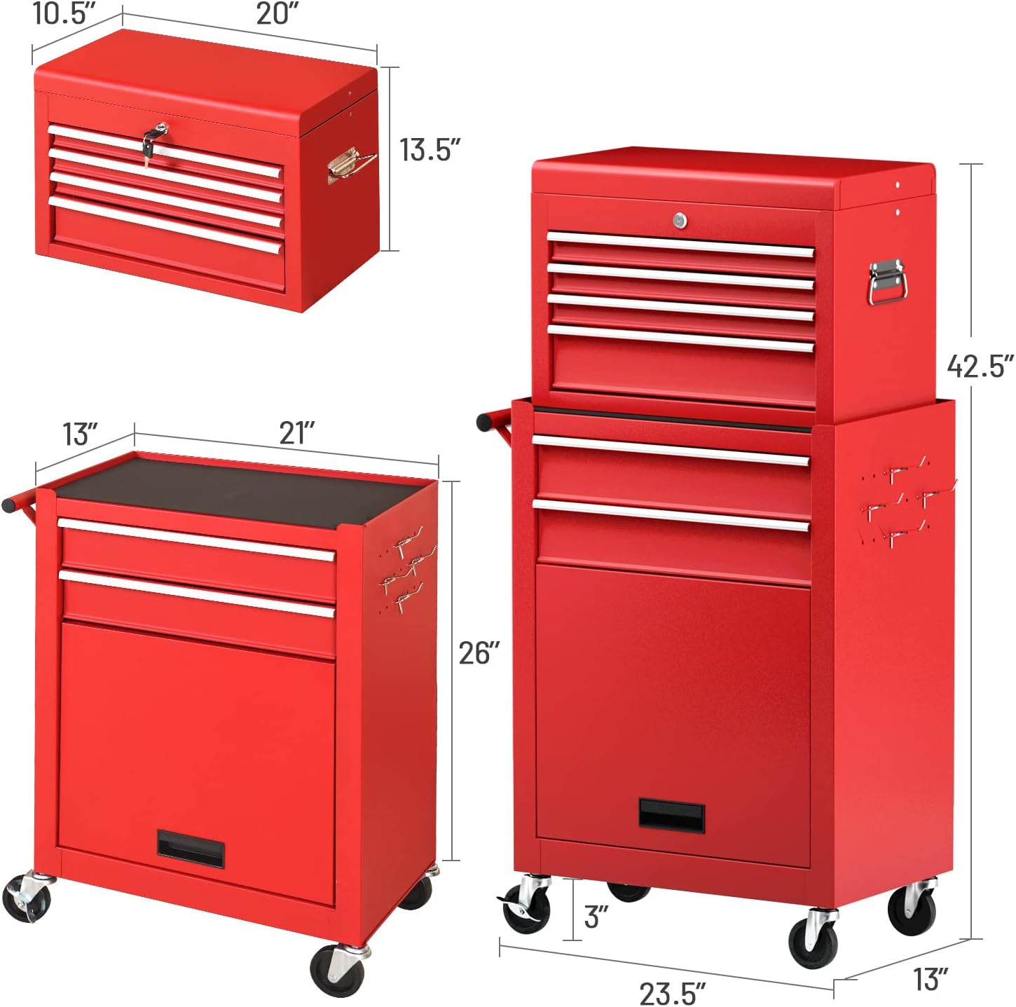 ERGOMASTER Rolling Tool Chest Cabinet Big Tool Storage Cabinet on Wheels and Lock System, Toolbox Organizer with Sliding Liner - 6-Drawers & Red