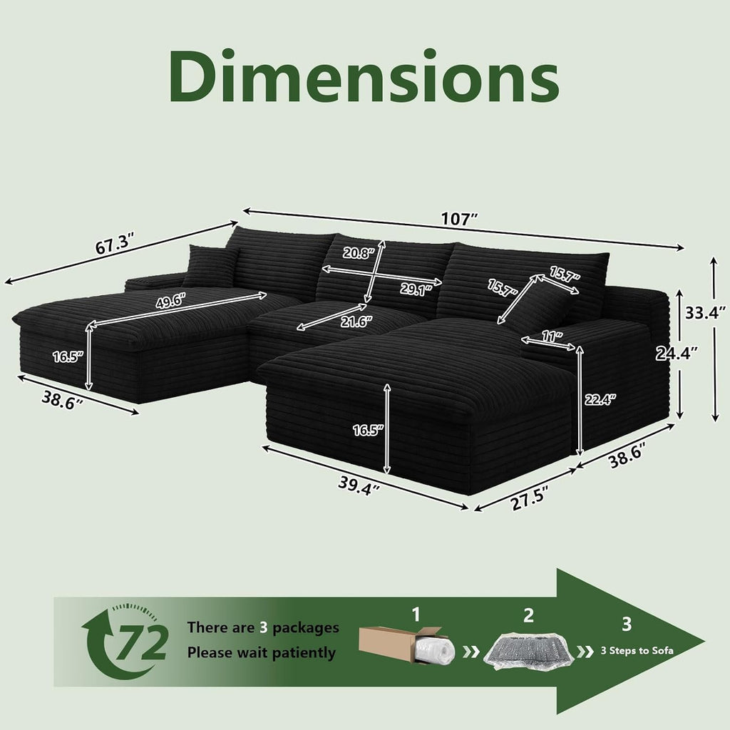 107' Cloud Couch Modular Sectional Sofa for Living Room, U-Shape Boneless Couch with Deep Seat, Modern Corduroy 3-Seater with Ottoman, No Assembly Required (Black,Left-Facing Chaise)
