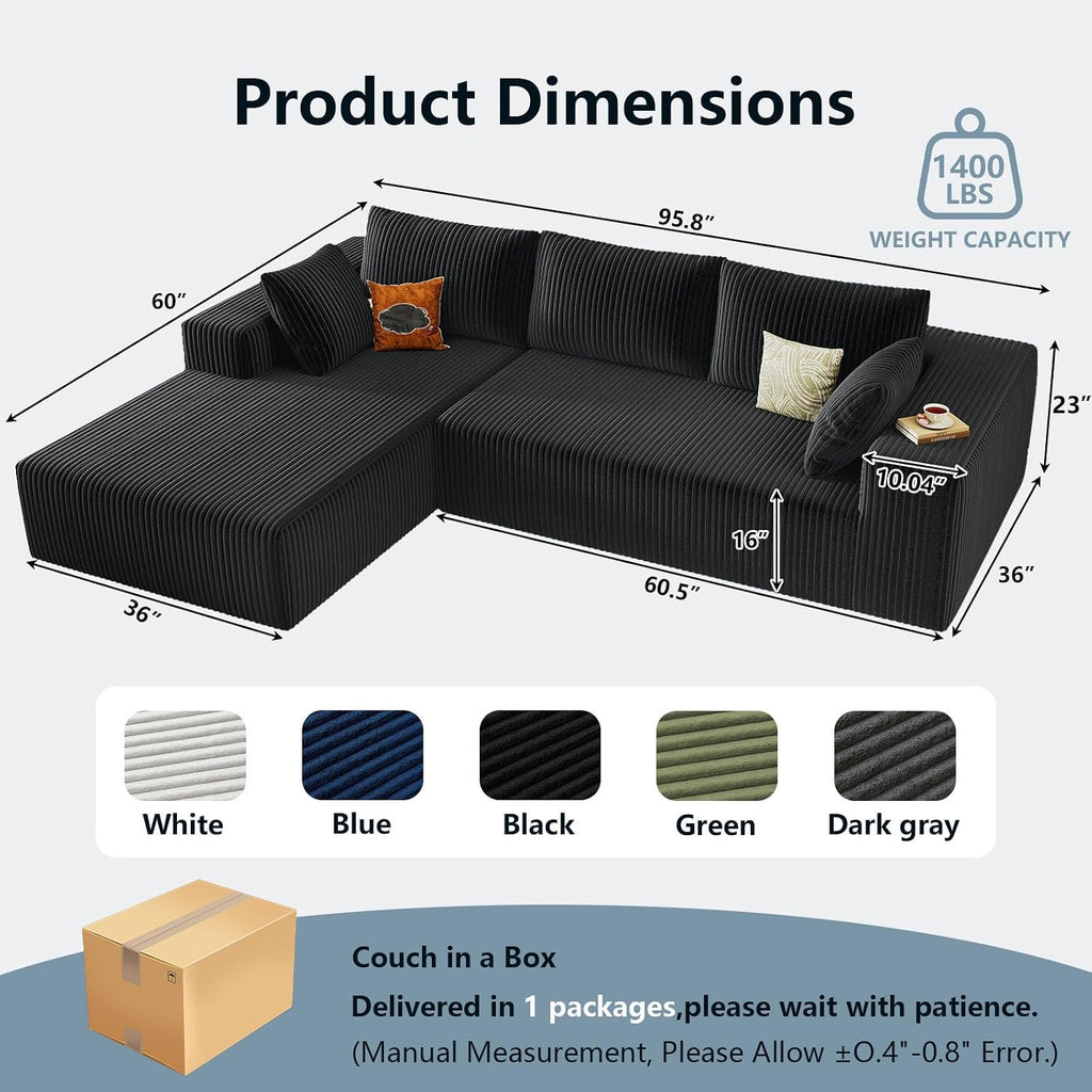 96' Cloud Sectional Couch with L-Shape Chaise, Modern Corduroy Boneless Couch for Living Room,Memory Foam Sofa with Deep Seat,No Assembly Required (Black,Left-Facing Chaise)